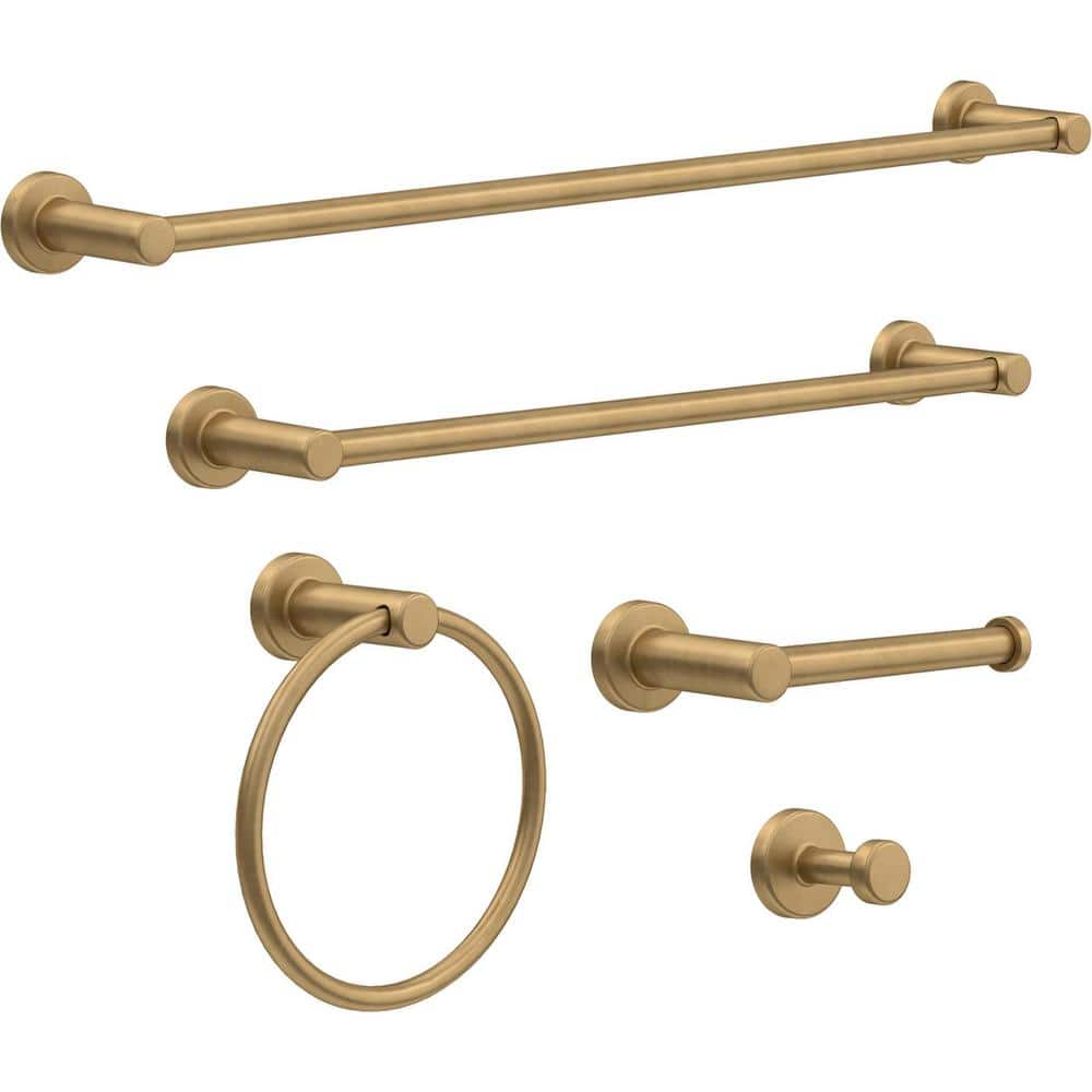 Franklin Brass Wake 5-Piece Bath Accessory Set 18, 24 in. Towel Bars, Toilet Paper Holder, Towel Ring, Towel Hook in Satin Gold