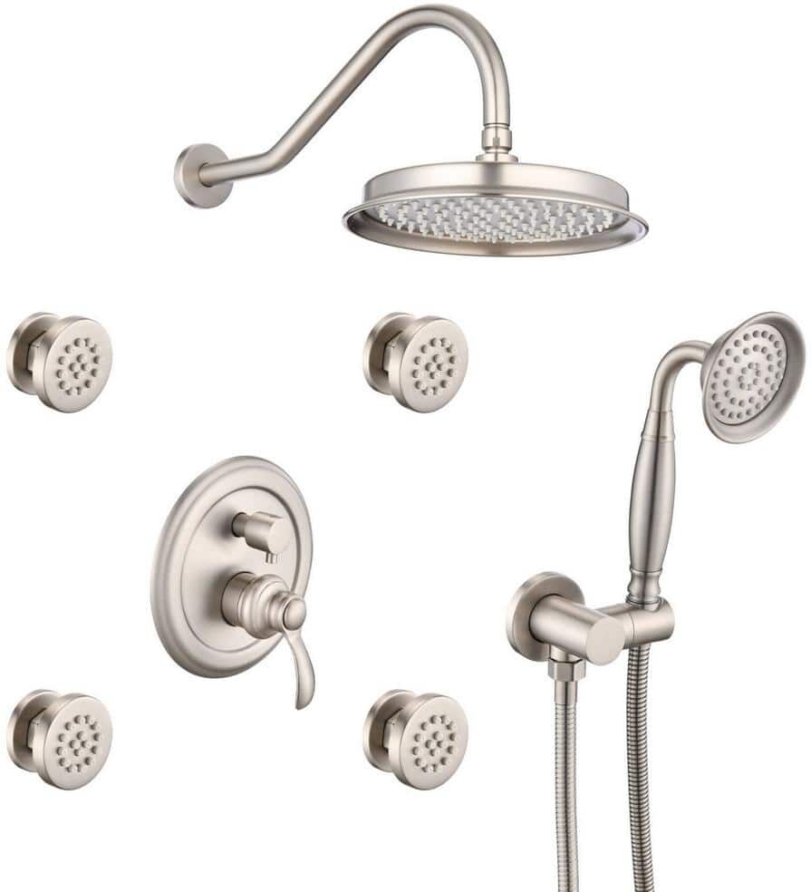 Lukvuzo Single Handle 4 -Spray Shower Faucet 1.8 GPM with Adjustable Flow Rate, Valve, and Body Jet Handshower in Brushed Nickel