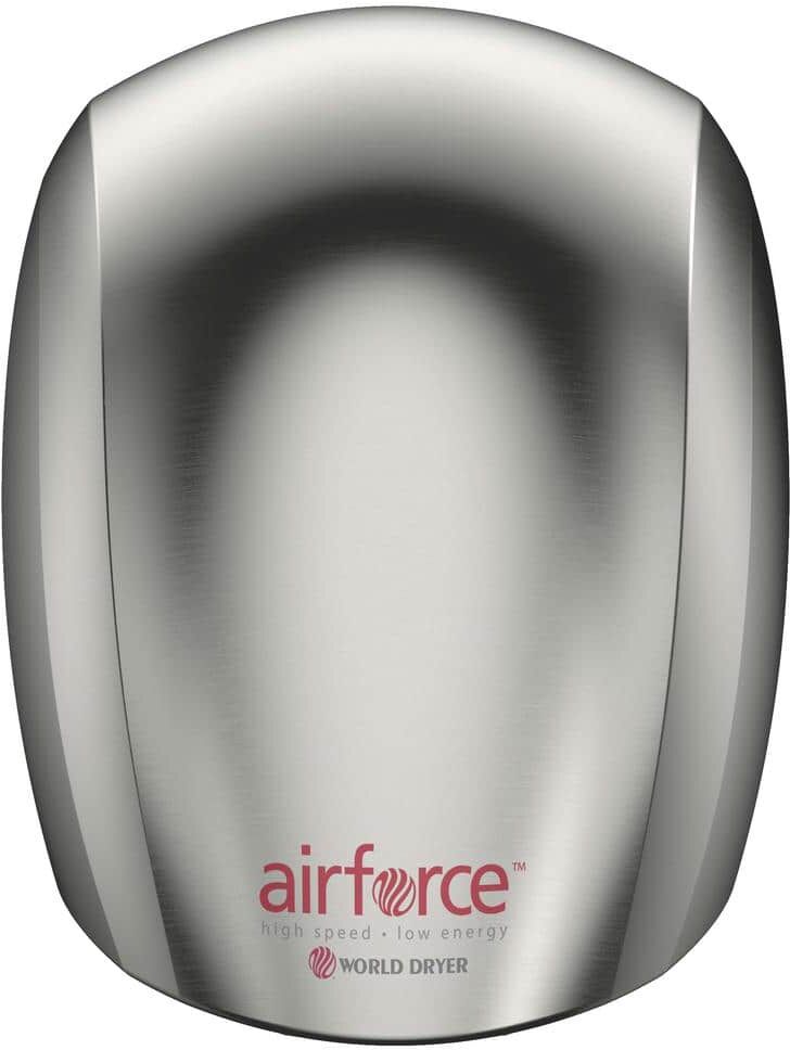 WORLD DRYER Airforce Electric Hand Dryer, High Speed, Antimicrobial Technology, 110-120 volt, Aluminum Brushed Stainless Steel