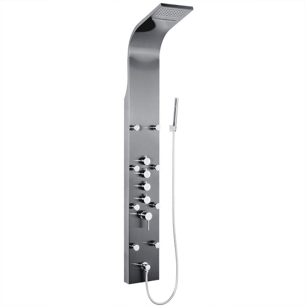 AKDY 65 in. 8-Jet Shower Panel System in Space Gray Brushed Stainless Steel with Rainfall Waterfall Shower Head and Wand