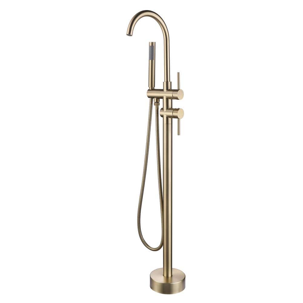 WELLFOR Free Standing Tub Faucets with Shower in Brushed Nickel, Gooseneck Floor Mounted Tub Fillers