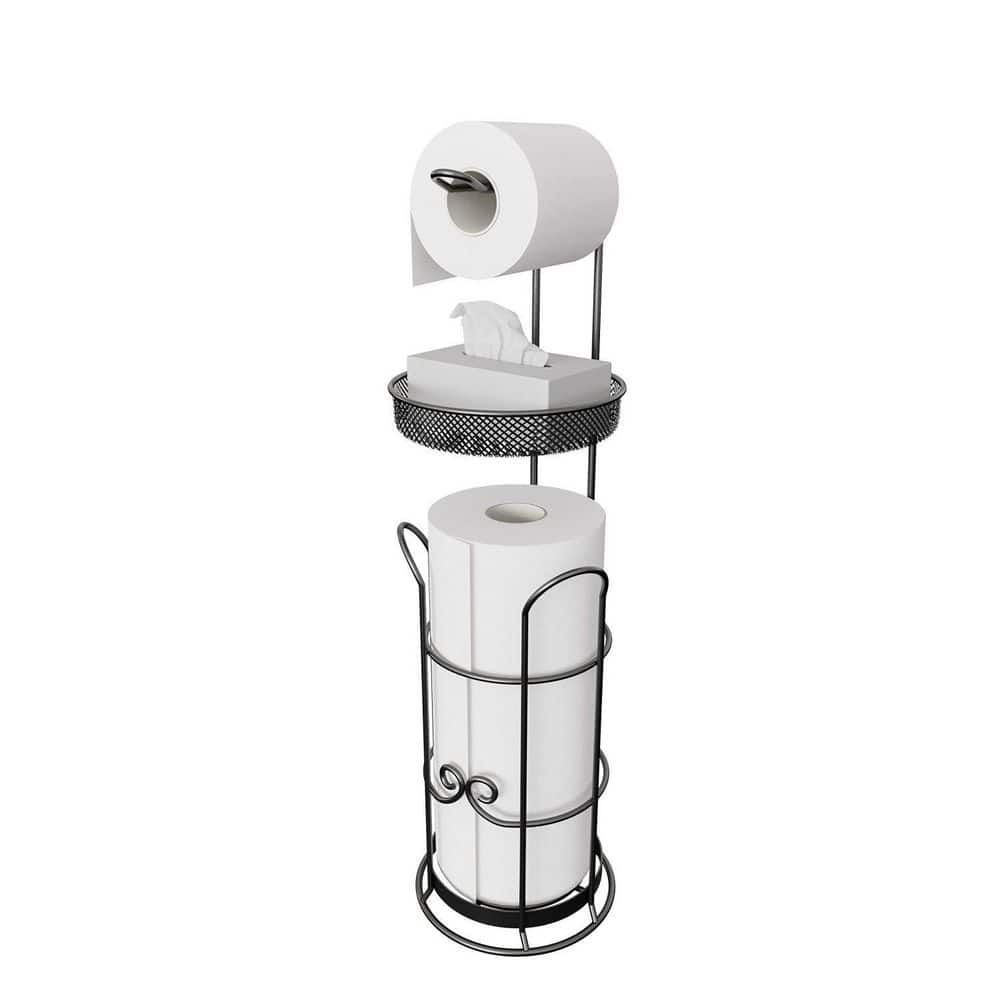 Dracelo Freestanding Toilet Tissue Roll Holder with Dispenser and Shelf for Bathroom Storage Holds 4 Rolls in Black