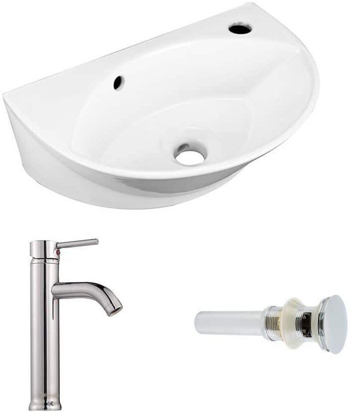 RENOVATORS SUPPLY MANUFACTURING 17 in. W Small Wall Mounted Oval Gloss Porcelain Vessel Bathroom Sink in White with Overflow, Faucet and Drain