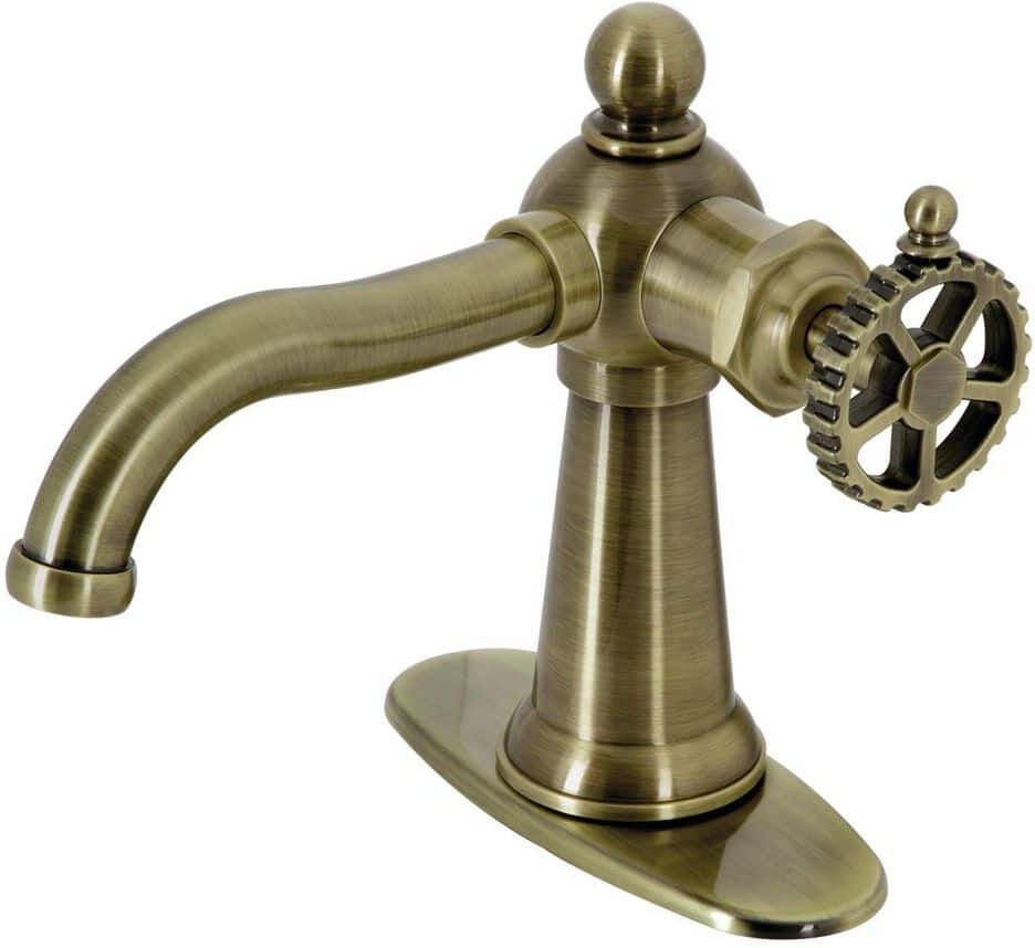 Kingston Fuller Single-Handle Single Hole Bathroom Faucet with Push Pop-Up and Deck Plate in Antique Brass