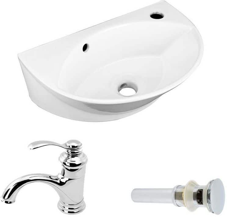 RENOVATORS SUPPLY MANUFACTURING 17 in. W Small Wall Mounted Oval Gloss Porcelain Vessel Bathroom Sink in White with Overflow, Faucet and Drain