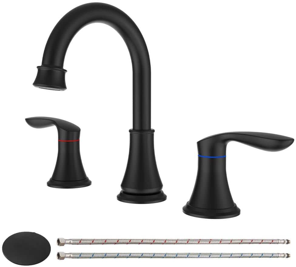 Nestfair 8 in. Widespread Double Handle Bathroom Faucet Combo Kit with Pop Up Drain and Water Supply Hoses in Matte Black