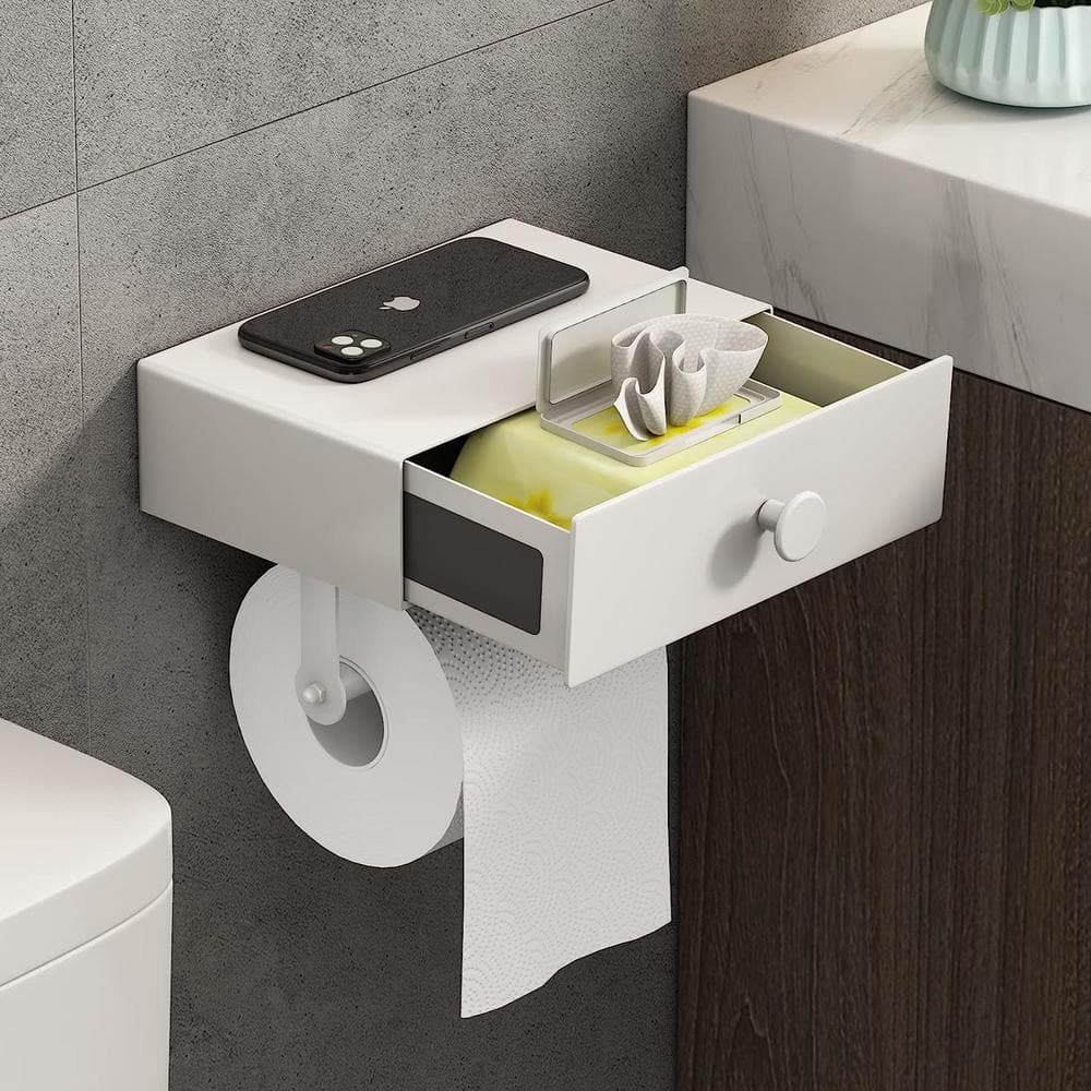 cadeninc Adhesive Installation Wall Mount Bathroom Stainless Steel Toilet Paper Holder with Wipes Dispenser,Matte White