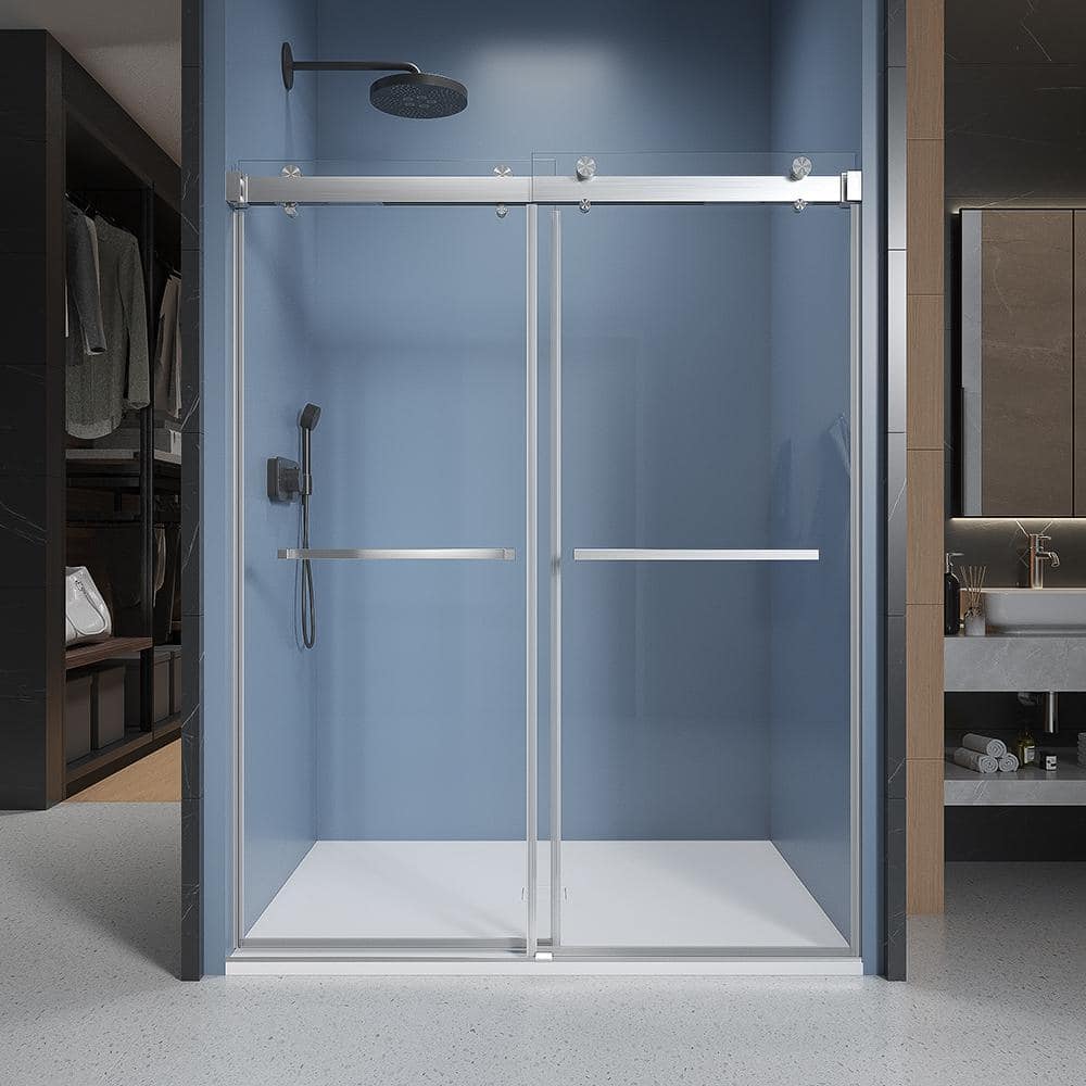 CKB 72 in. W x 76 in. H Soft-Closing Double Sliding Frameless Shower Door in Brushed Nickel Clear Glass