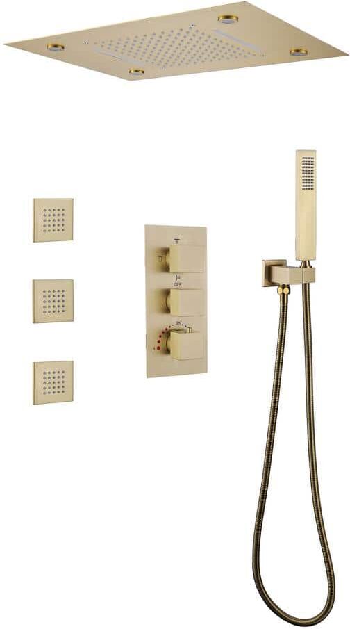 Tomfaucet LED Thermostatic Triple-Handle 4-Spray Shower Faucet 3.7 GPM with Body Spray in Brushed Gold (Valve Included)