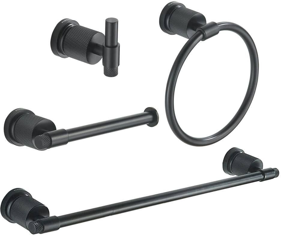 FORIOUS Bathroom Accessories Set 4-pack，Towel Ring，Towel Bar，Toilet Paper Holder，Robe Hook Zinc Alloy in Matte Black