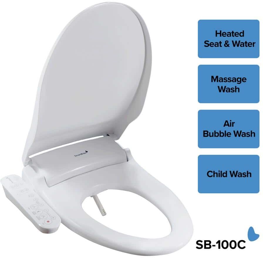 SmartBidet Electric Bidet Seat for Elongated Toilets with Control Panel, Massage Wash, Child Wash, Heated Water and Seat in White