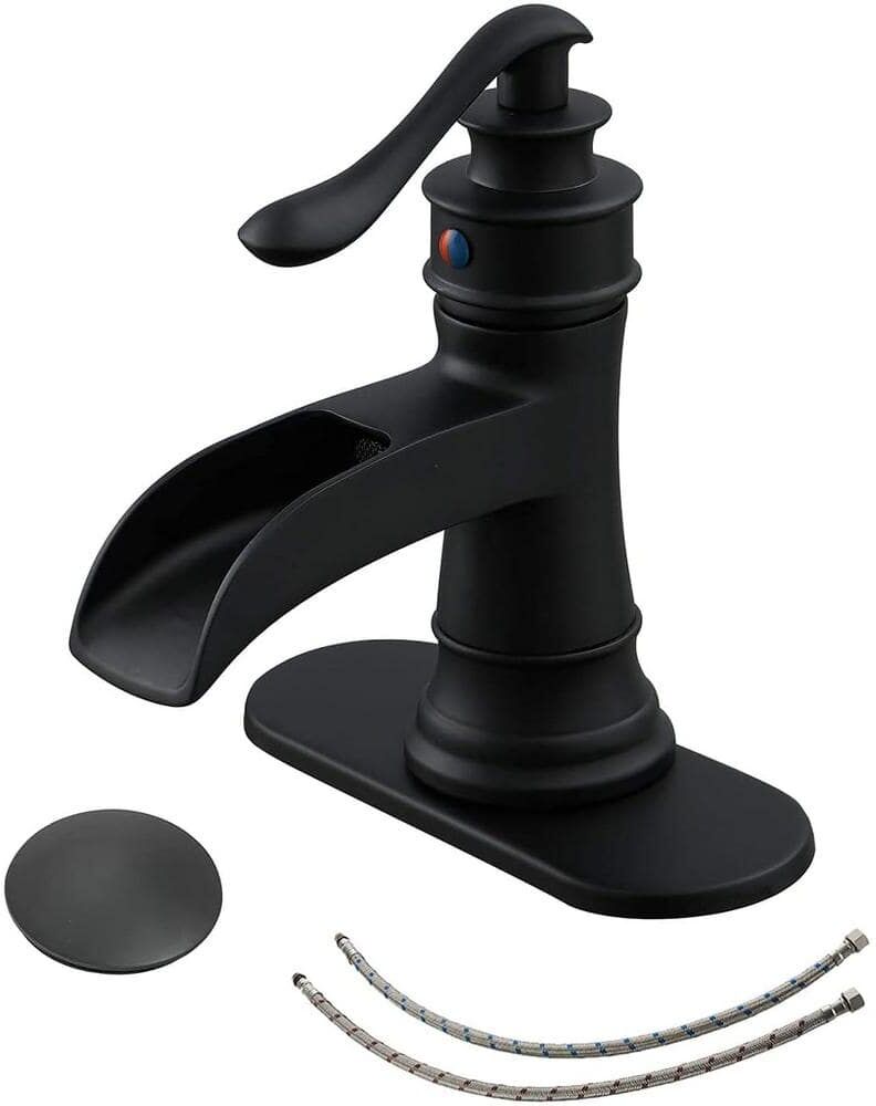 Dyiom Bath Accessory Set Waterfall Bathroom Faucet Matte Black Bathroom Sink Faucet with Pop Up Drain Single -Word