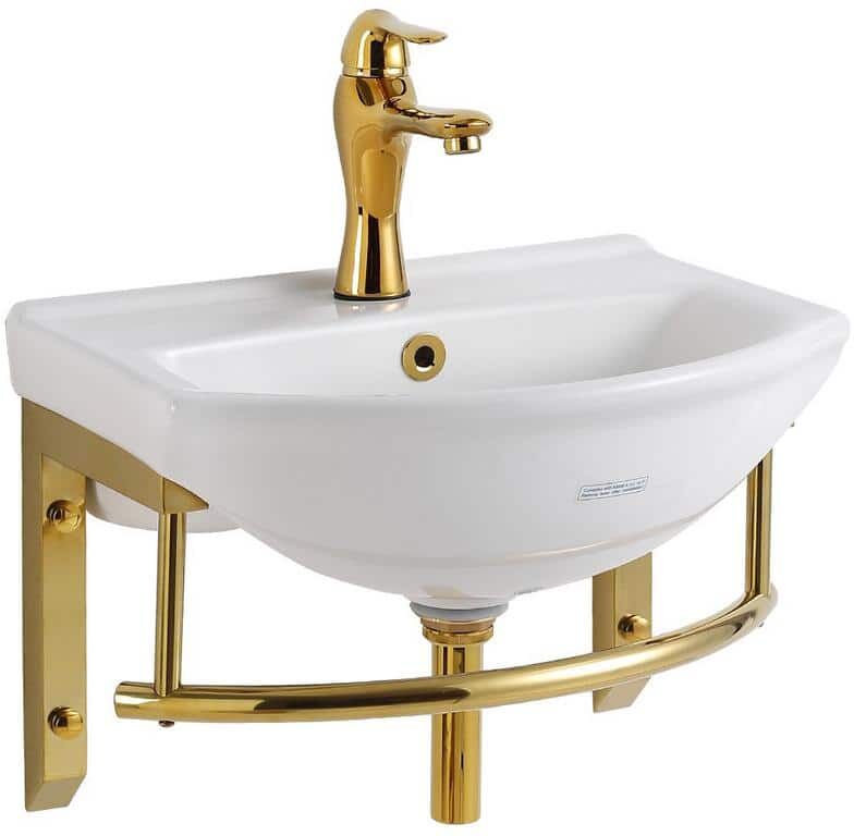 RENOVATORS SUPPLY MANUFACTURING Ridge White Ceramic Small Wall Mounted Bathroom Sink with Brass Faucet Drain Towel Bar and Overflow