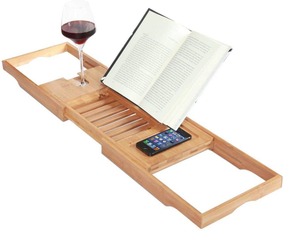 TOILETTREE Bamboo Bathtub Caddy with Extending Sides and Adjustable Book Holder