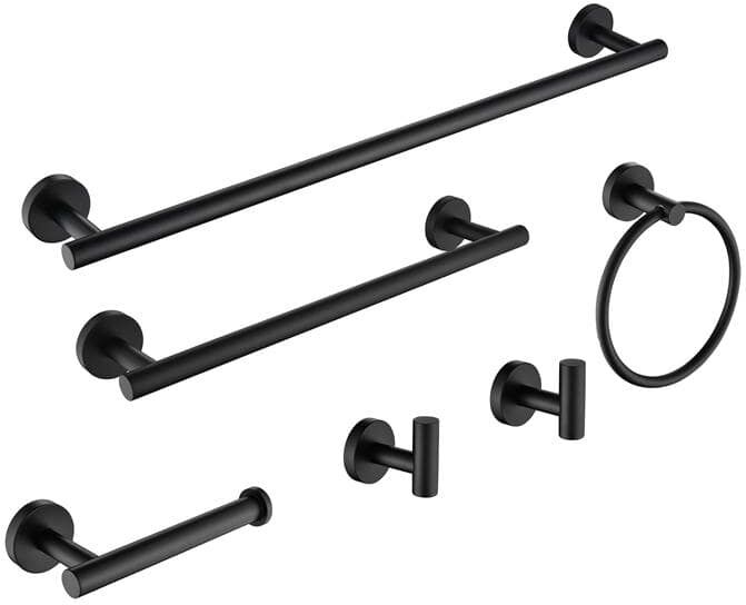 Aoibox 6 Pcs 26.5 in. Steel Wall Mounted Bath Hardware Set with Towel Bar&Ring, Toilet Paper Holder, Hooks in Black