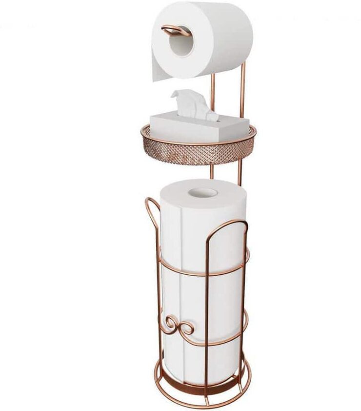 Dracelo Freestanding Toilet Tissue Roll Holder with Dispenser and Shelf for Bathroom Storage Holds 4 Rolls in Brown