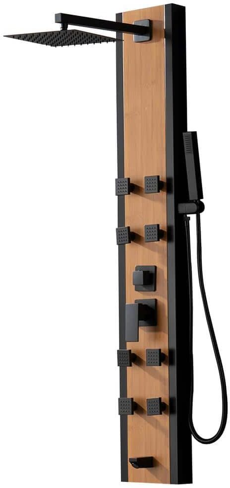 BWE 8-Jet Rainfall Shower Panel System with Rainfall Waterfall Shower Head and Shower Wand in Black Bamboo