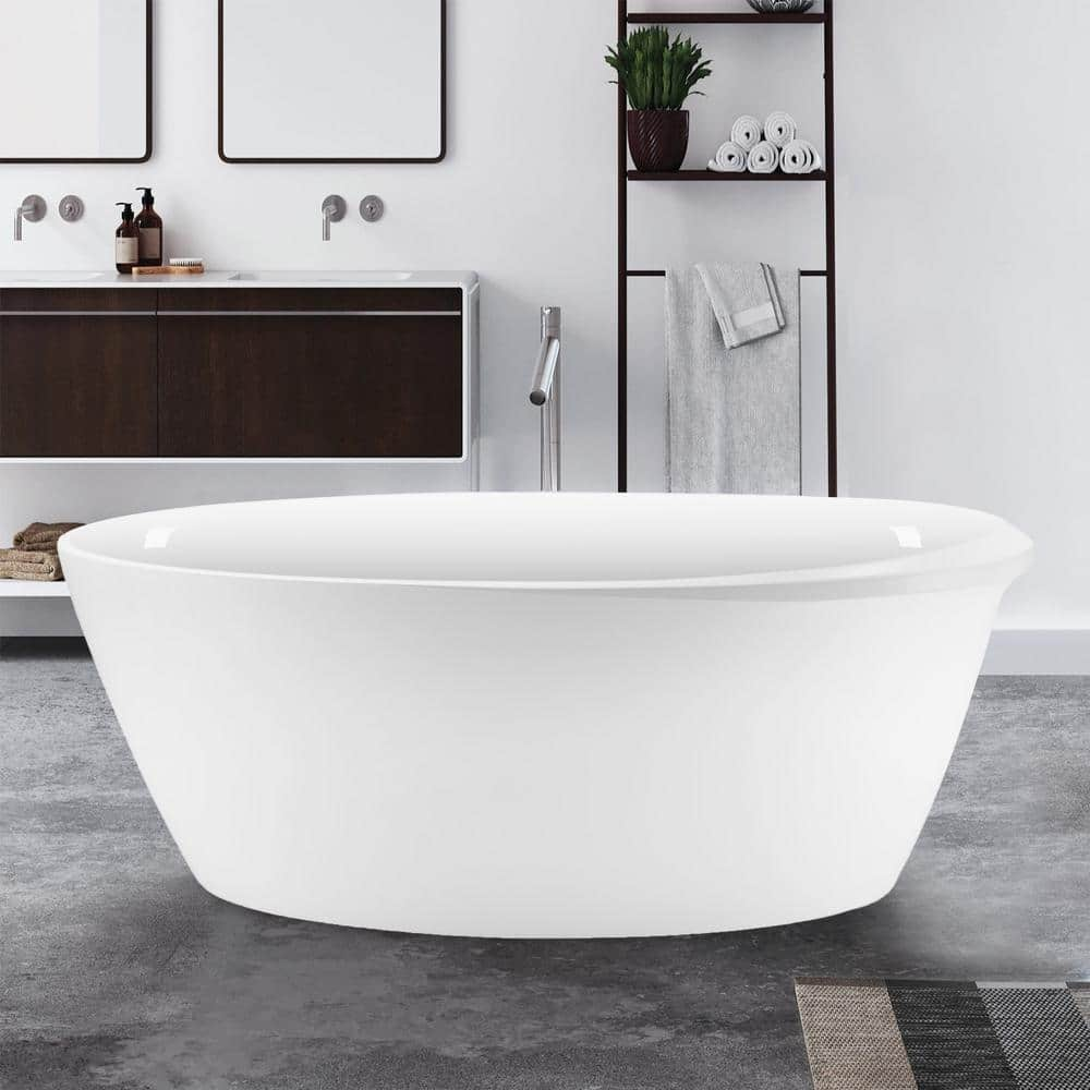 ANGELES HOME 67 in. Acrylic Oval Flatbottom Freestanding Soaking Bathtub in Glossy White Overflow and Pop-Up Drain