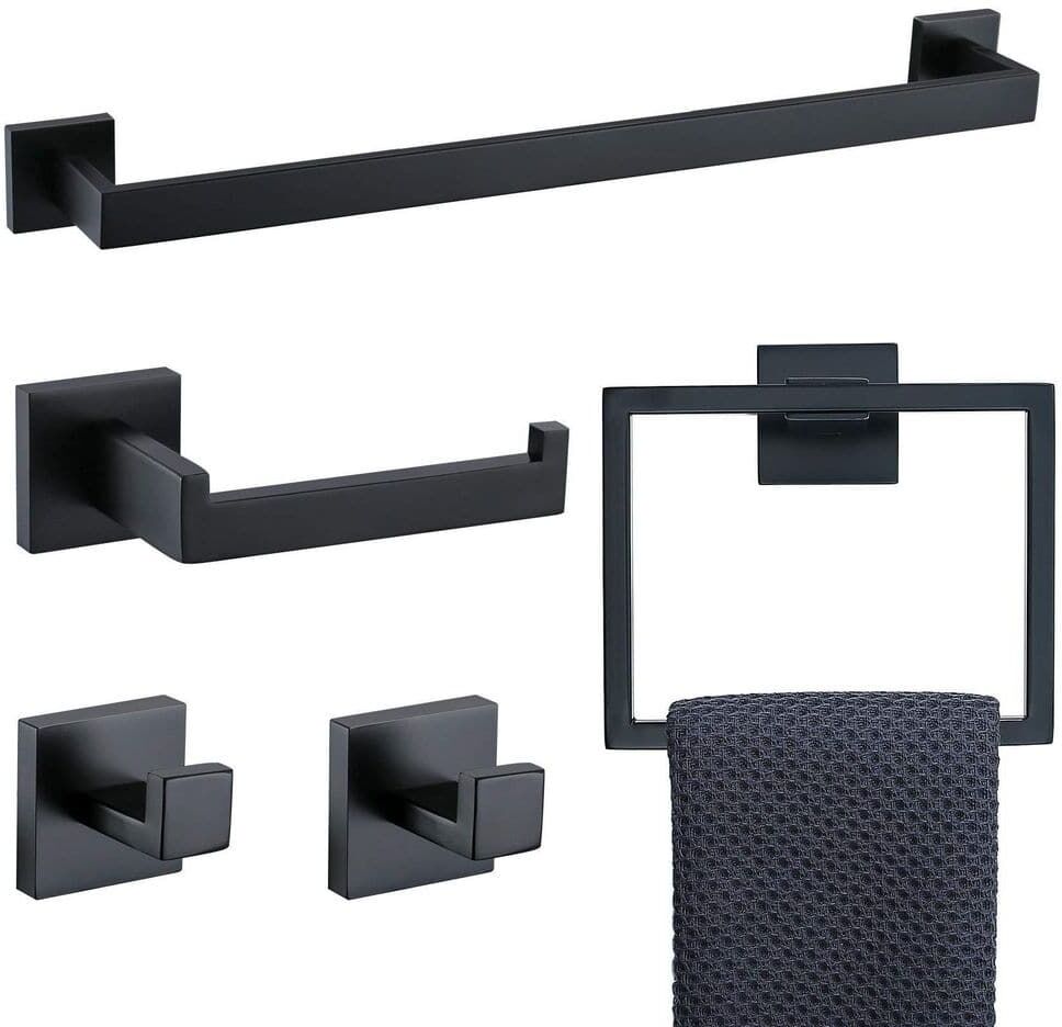 Aoibox 5 Pieces Bathroom Hardware Accessories Set with Towel Holder, Roll Paper Holder, 2 Hooks, Towel Ring, Matte Black