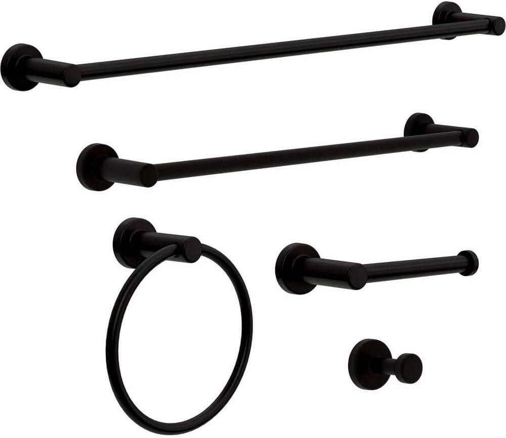 Franklin Brass Wake 5-Piece Bath Accessory Set 18, 24 in. Towel Bars, Toilet Paper Holder, Towel Ring, Towel Hook in Matte Black