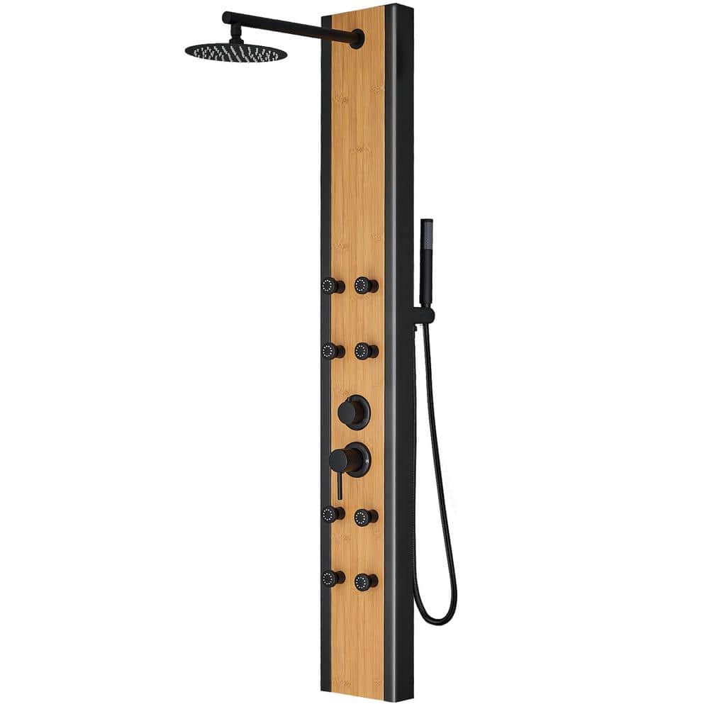 HOMEMYSTIQUE 57 in. 8-Jet Shower Panel Tower System With Rainfall Shower Head 8 Adjustable Body Jets And HandShower in Bamboo