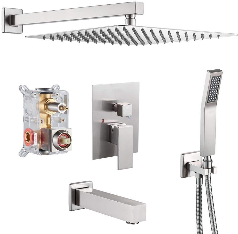 Zalerock Rainfall 1-Spray Square 12 in. Tub and Shower Faucet with Hand Shower in Brushed Nickel (Valve Included)