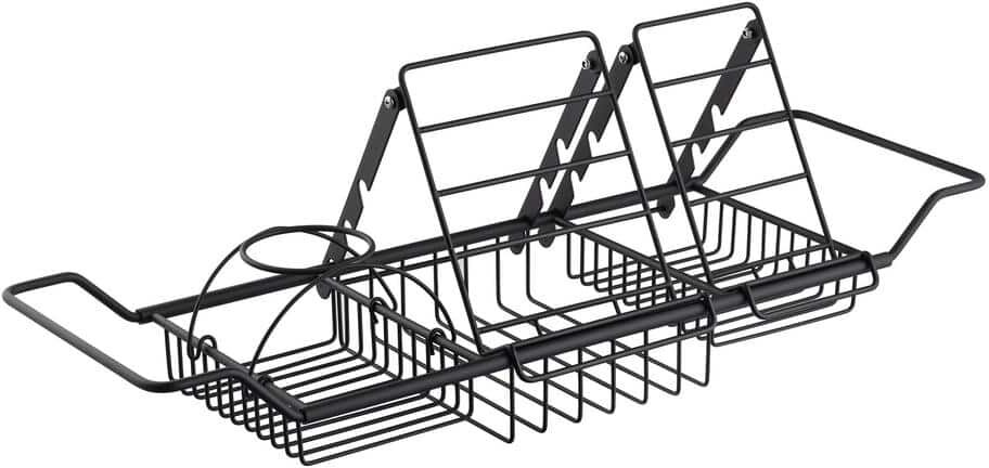 WOODBRIDGE Expandable 34 in. Stainless Steel Bathtub Caddy Tray in Matte Black with Holders, Soap Tray, Wine Glass Slot