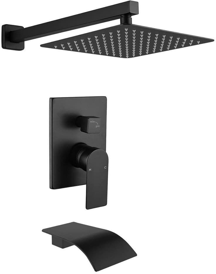 UKISHIRO Modern Single Handle 1.8 GPM 10 in. Wall Mount Shower Head & Tub Faucet with Long Spout in Matte Black (Valve Included)