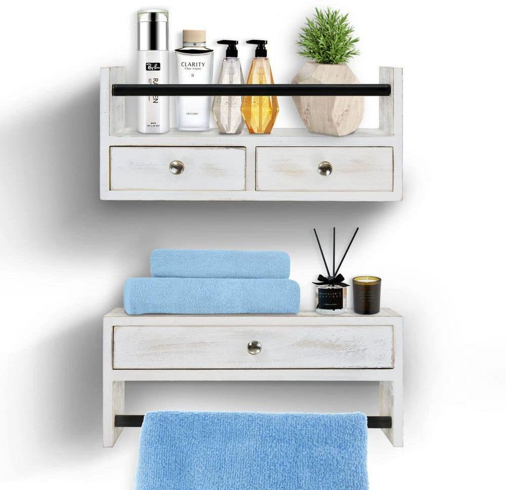 Dracelo 12 in. W x 4.9 in. D x 5.3 in. H White Wall Mount Bathroom Set of 2 Shelves with Drawer and Towel Rack