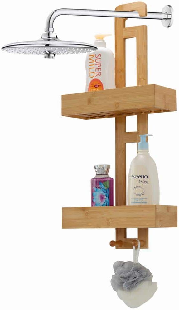 Basicwise Bathroom Natural Bamboo Storage Rack Over Shower Head Organizer, Shampoo, Conditioner Shower Caddy 26.5 in .