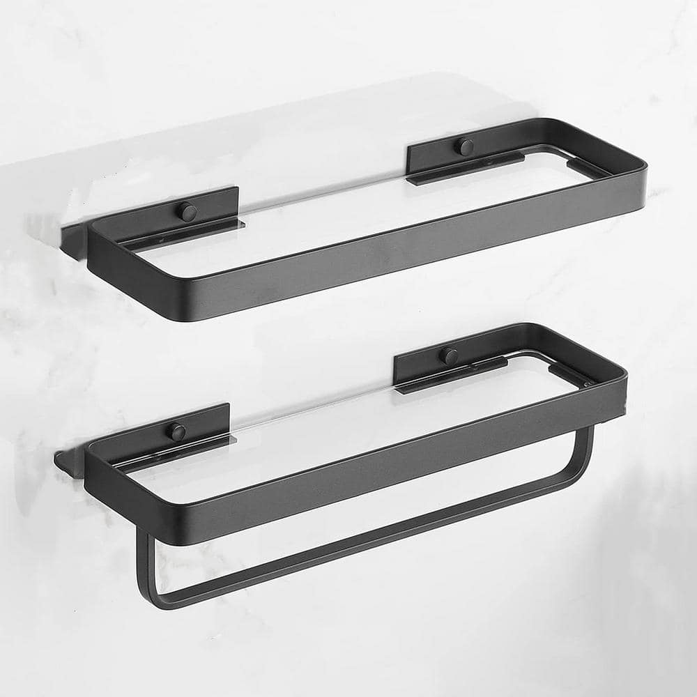 Aoibox 2 Tiers 4.68 in. W x 3.85 in. H x 15.7 in. D Aluminum Glass Rectangular Shower Shelf in Black, 1 with a Towel Bar