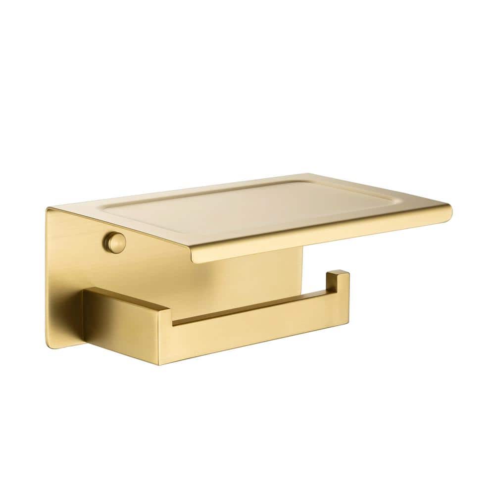 cadeninc Screw Free Installation Wall Mounted Stainless Steel Toilet Paper Holder with Storage Shelf in Brushed Gold