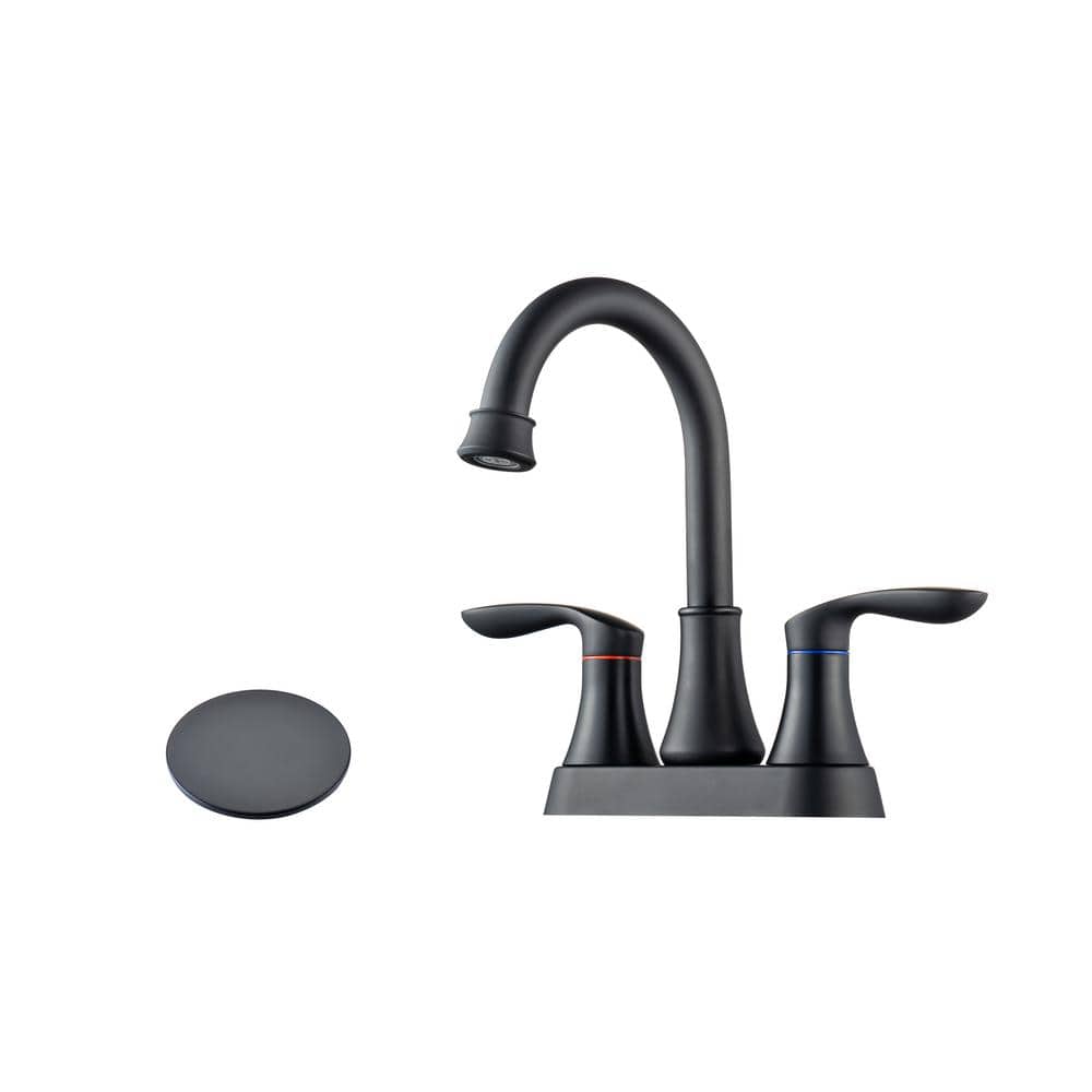 Lukvuzo 4 in. Centerset Double Handle High Arc Bathroom Faucet with Metal Pop-up Drain and Faucet Supply Lines in Black Color