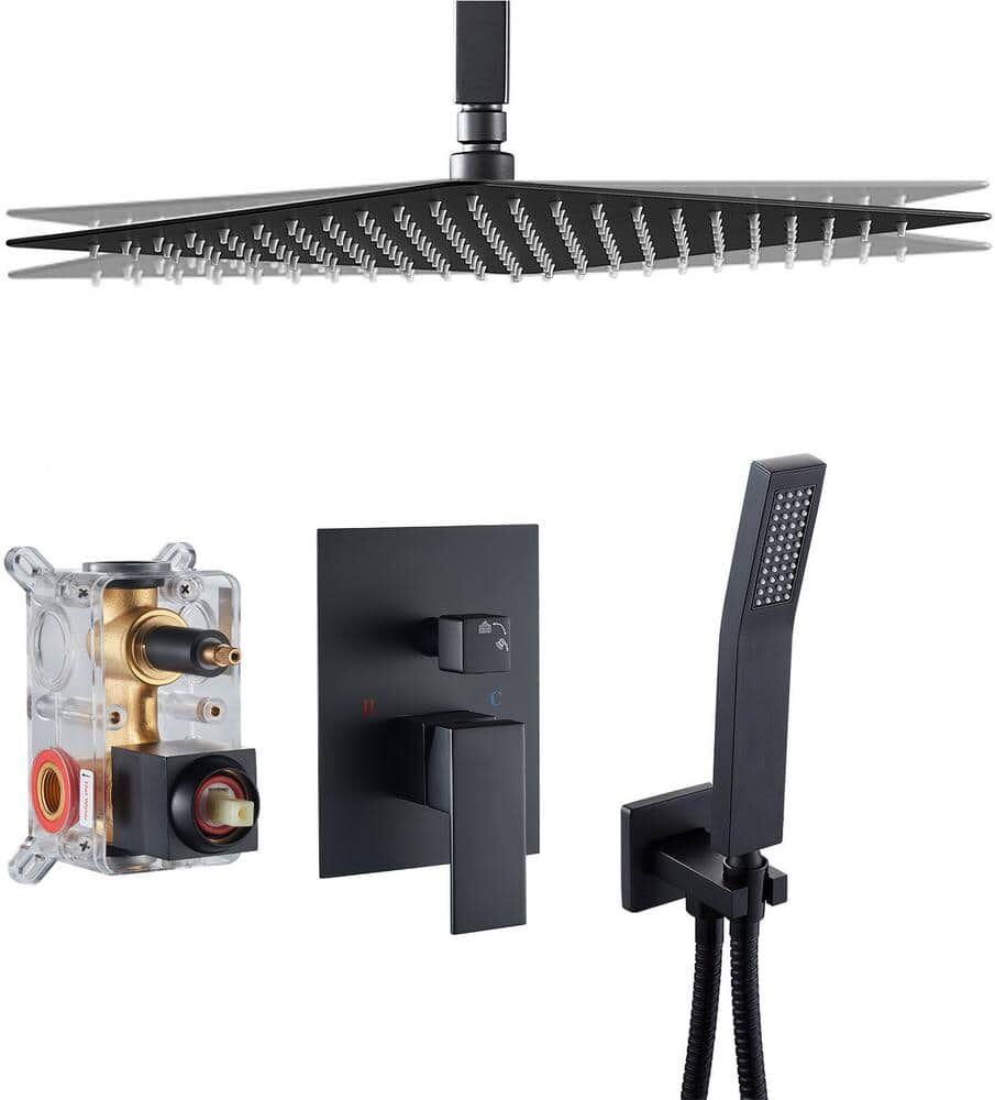 Zalerock Rainfall 1-Spray Square Ceiling Mount Shower System Shower Head with Handheld in Black (Valve Included)