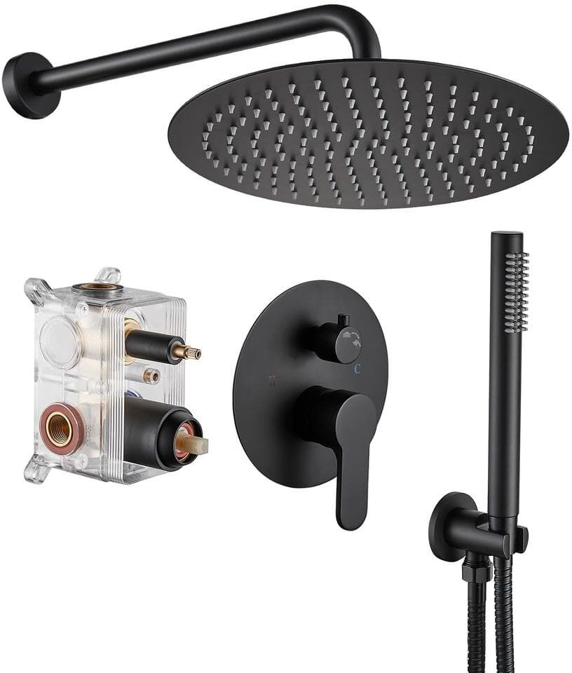 Zalerock Rainfall 1-Spray Round 12 in. Shower System with Hand Shower in Black (Valve Included)