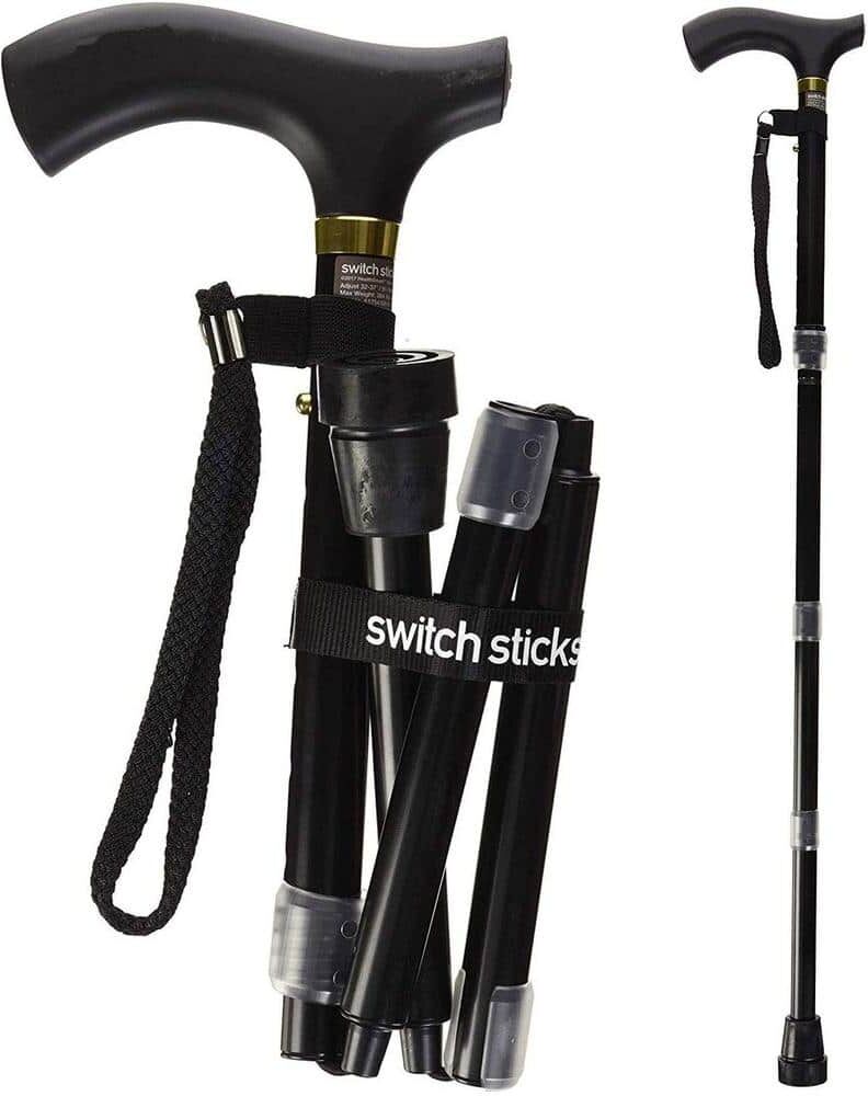 switch sticks Luxury Folding Walking Stick, 32 in to 37 in, Cane with water resistant bag, wrist strap and hook & loop band, in Black