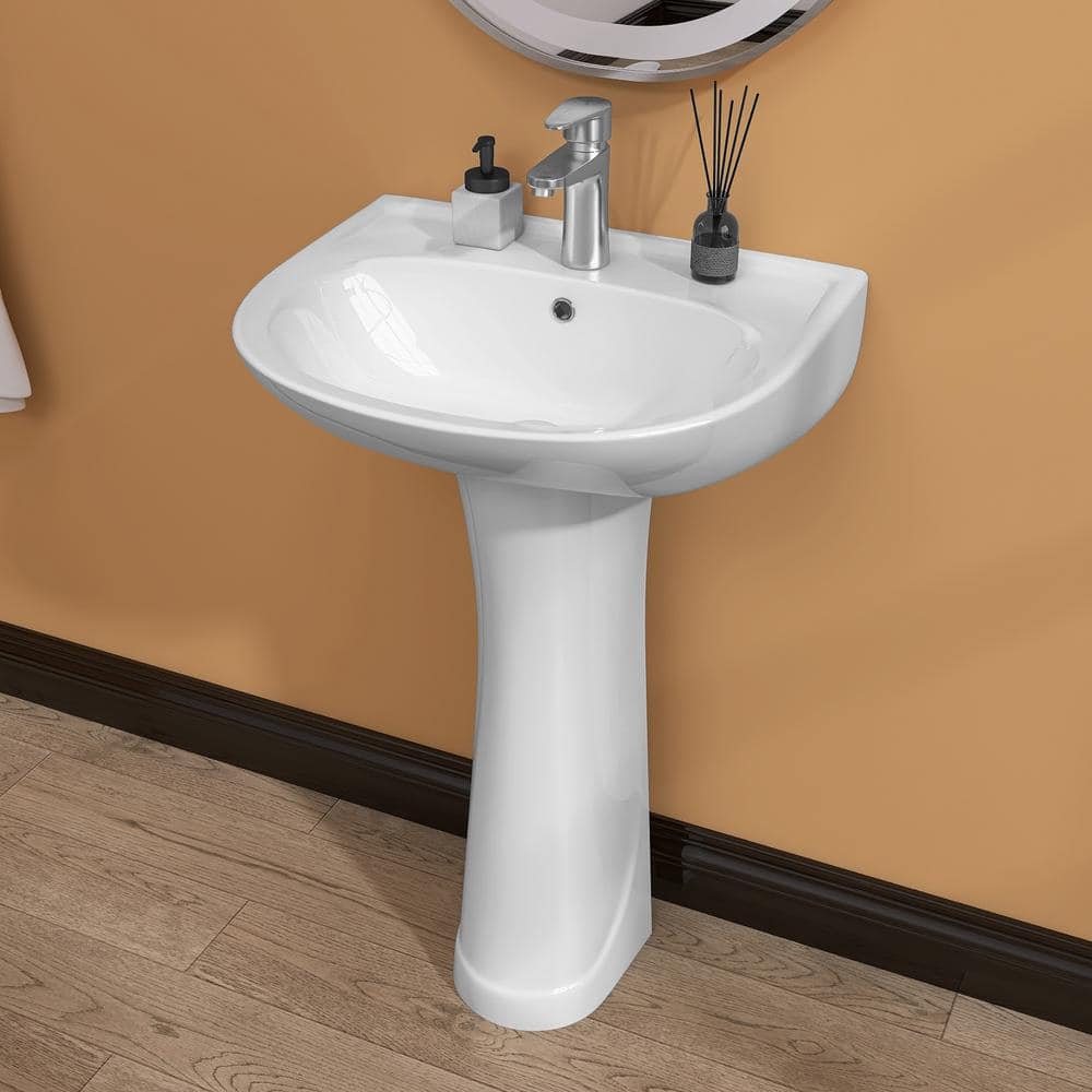 Getpro Vintage Vitreous China White Pedestal Ceramic Vessel Combo Sinks U-Shape Design with 1.38 in Single Faucet Hole Overflow