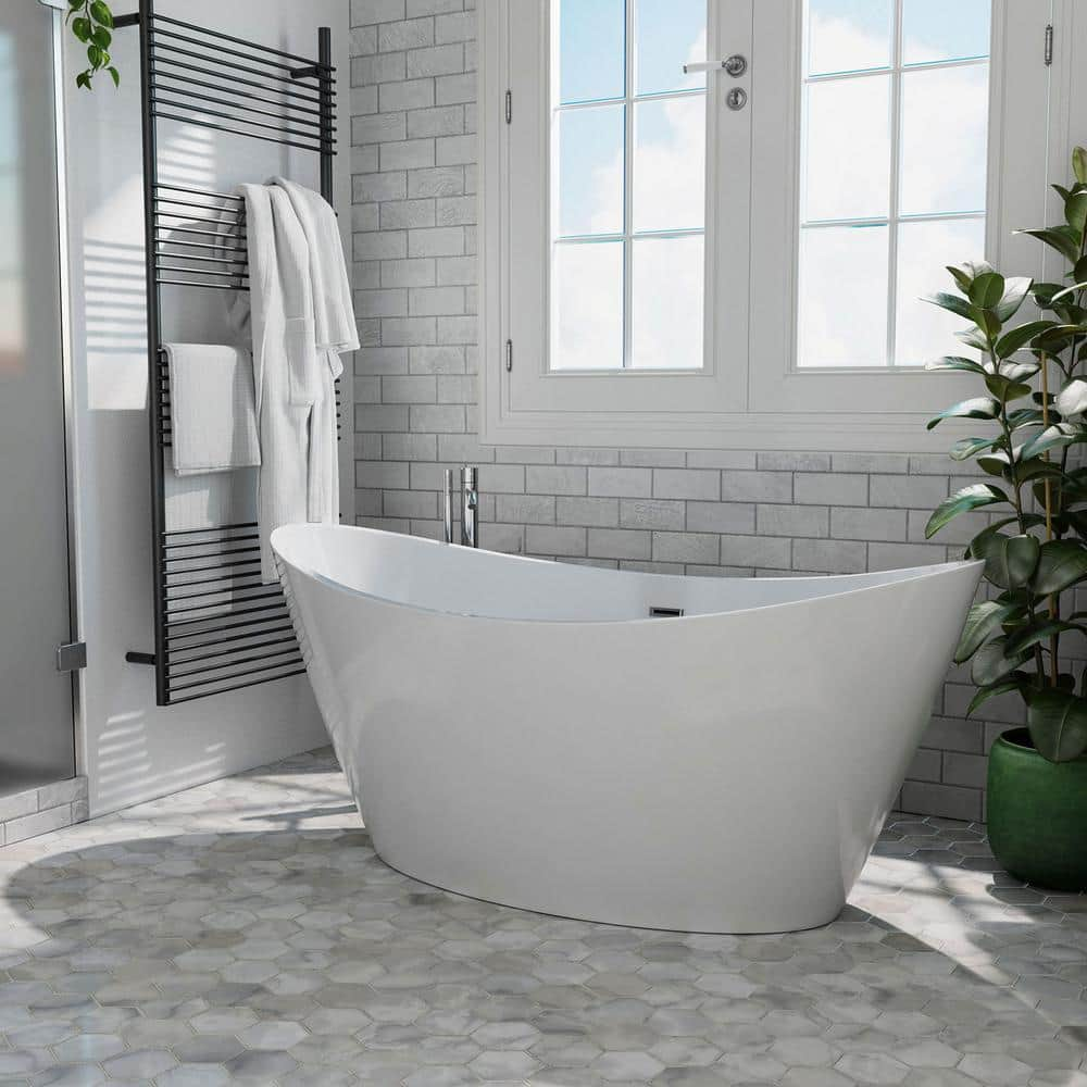 Empava 67 in. Luxury Freestanding Bathtub Stand Alone Flatbottom Acrylic Soaking SPA Tub Modern Style in White