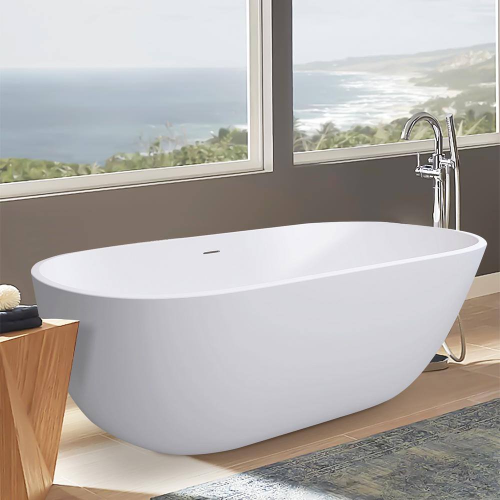 ANGELES HOME 55 in. x 29.5 in. Soaking Freestanding Oval Bathtub with Slotted Overflow, Chrome Pop-Up Drain Anti-Clogging Matte White