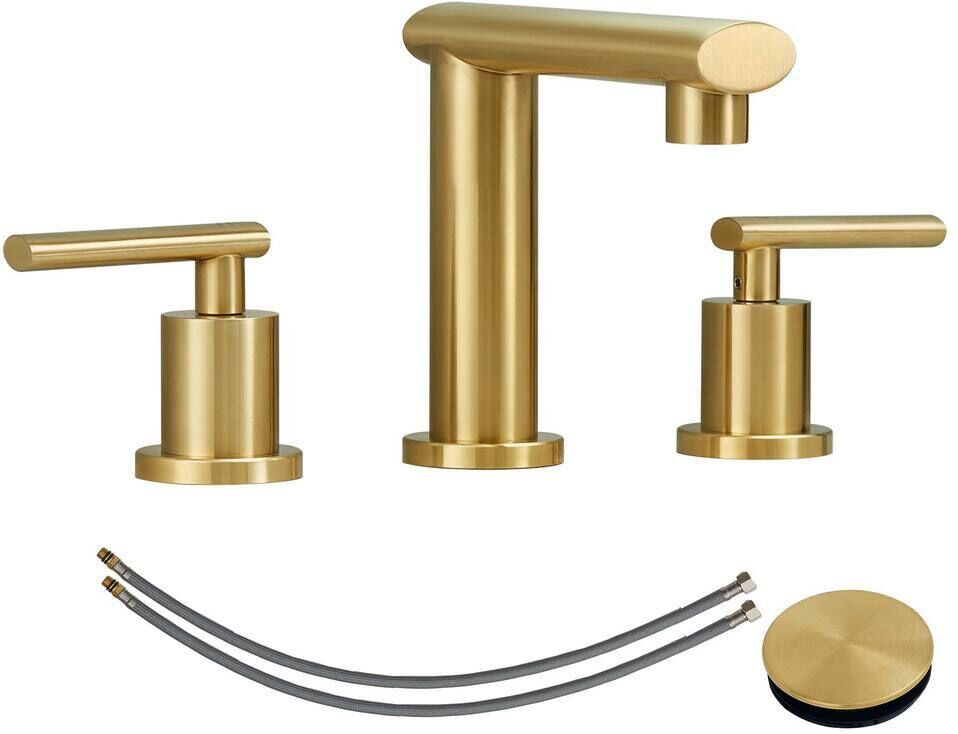 2-Handle 8 in. Widespread Bathroom Sink Faucet with Pop Up Drain and Water Supply Lines in Brushed Gold Basin Mixer Taps