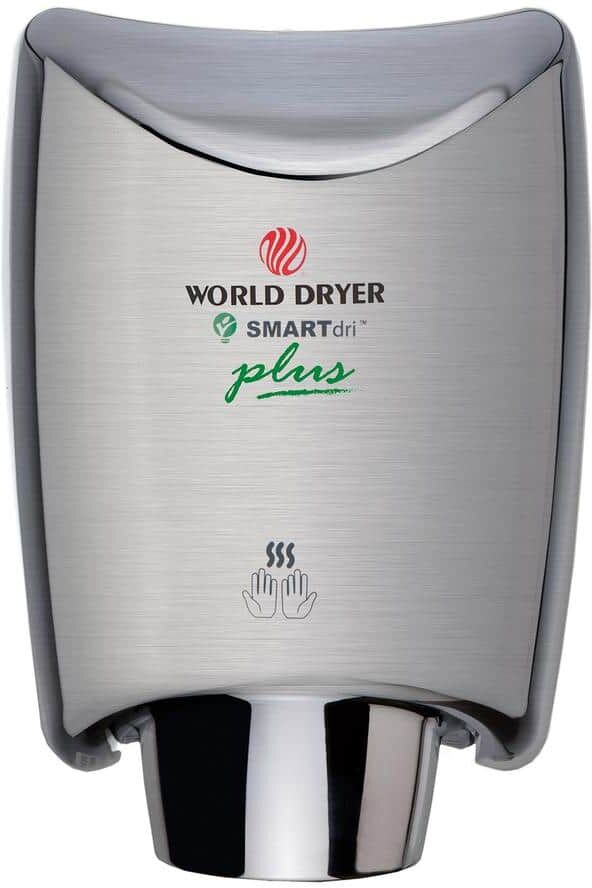 WORLD DRYER SMARTdri Plus Electric Hand Dryer, High Efficiency, Antimicrobial Technology, 110-120V, Brushed Stainless Steel