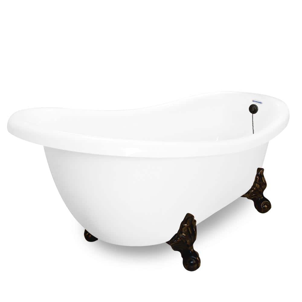 American Bath Factory 71 in. Acrylic Slipper Clawfoot Non-Whirlpool Bathtub in White w/ Large Ball and Claw Feet in Old World Bronze