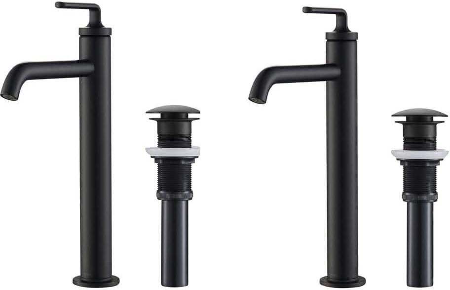 KRAUS Ramus Single Hole Single-Handle Vessel Bathroom Faucet with Matching Pop-Up Drain in Matte Black (2-Pack)