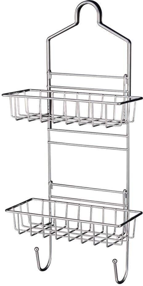 The Plumber's Choice Shower Caddy Over Shower Head Basket Shelf with Hooks Hanging Sponge Shampoo Holder Organizer Stainless Steel in Chrome