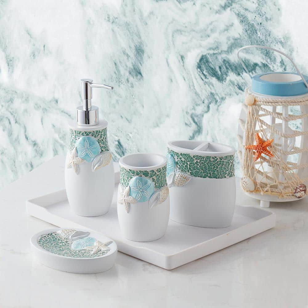 Sweet Home Collection Seascape 4-Piece Bathroom Accessory Set with Soap Pump, Tumbler, Toothbrush Holder and Soap Dish