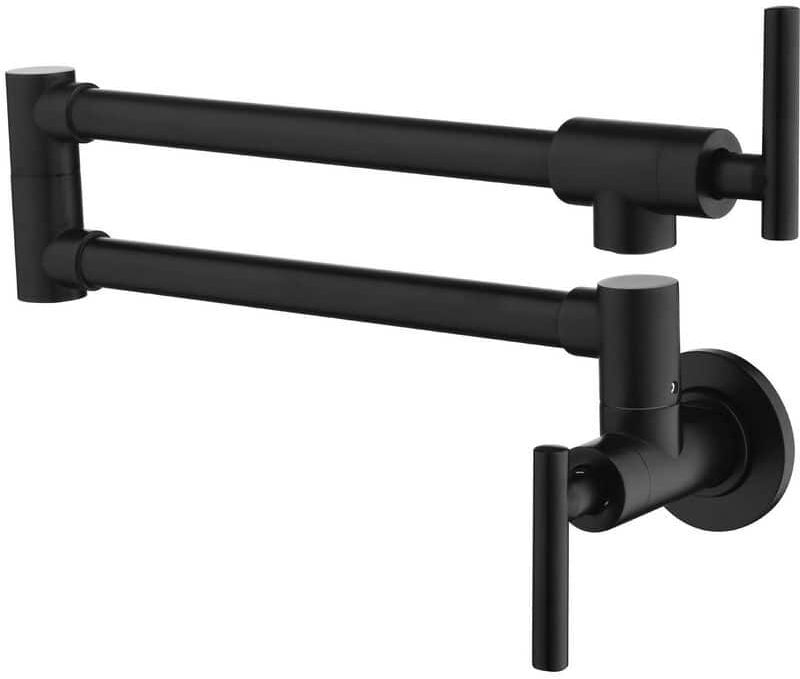 Boyel Living Wall Mounted Double Handle 1.8 GPM Pot Filler with 2 Built- in Ceramic Cartridge and Mounting Hardware in Matte Black