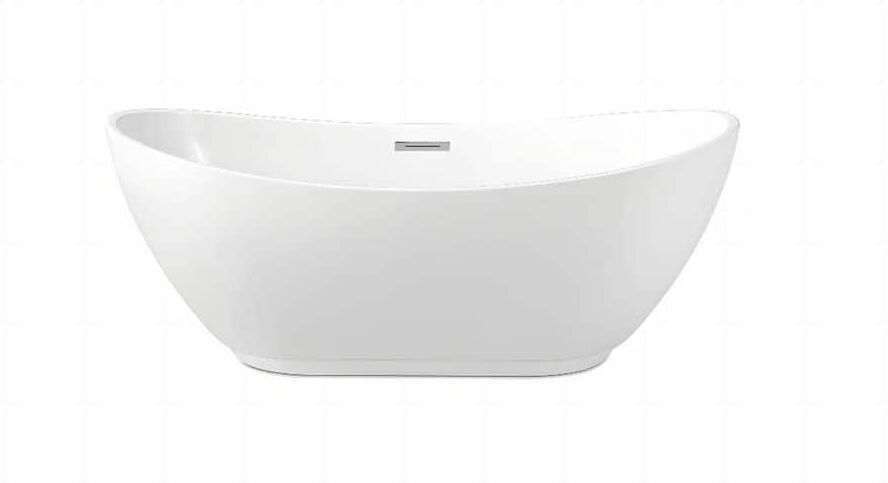 ANGELES HOME 67 in. Acrylic Oval Flatbottom Freestanding Soaking Bathtub in Glossy White Overflow and Pop-Up Drain