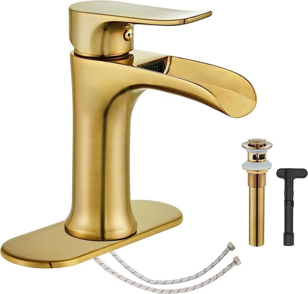 Dyiom Brushed Gold Bathroom Faucet, Waterfall Bathroom Faucet Brushed Gold, Pop Up Drain Bathroom Word Bath Accessory Set