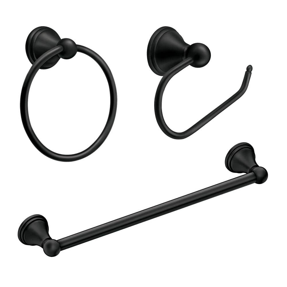 MOEN Preston 3-Piece Wall Mounted Bathroom Accessory Set with Paper Holder, Towel Ring, and 18 in Towel Bar in Matte Black