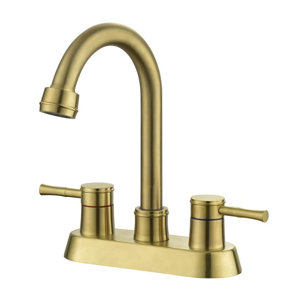 WELLFOR 4 in. Centerset Double Handle Bathroom Faucet with with Copper Pop Up Drain and 2 Water Supply Lines in Brushed Gold